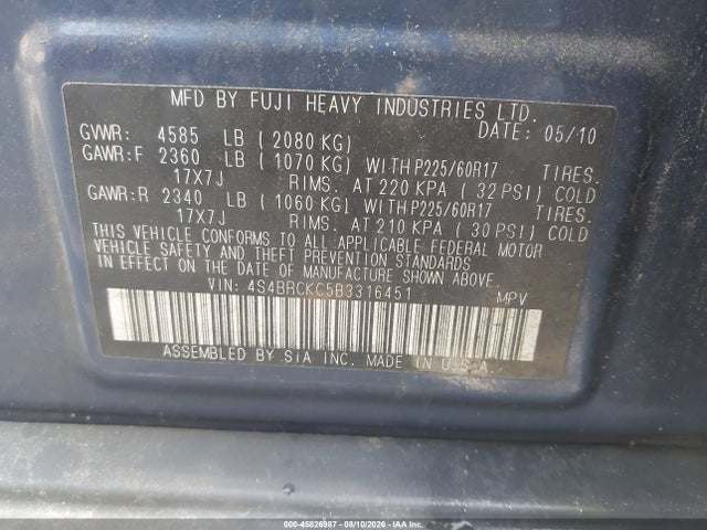Продажа на аукционе авто 2011 Subaru Outback 2.5i Limited, vin: 4S4BRCKC5B3316451, номер лота: 45826987