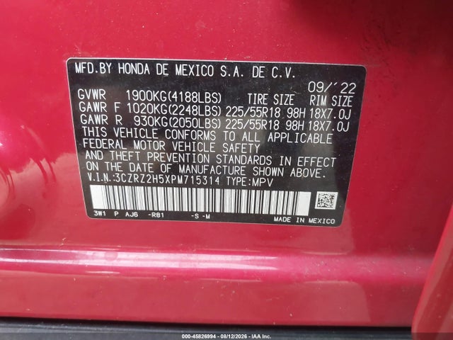 45826994 :رقم المزاد ، 3CZRZ2H5XPM715314 vin ، 2023 Honda Hr-v Awd Sport مزاد بيع