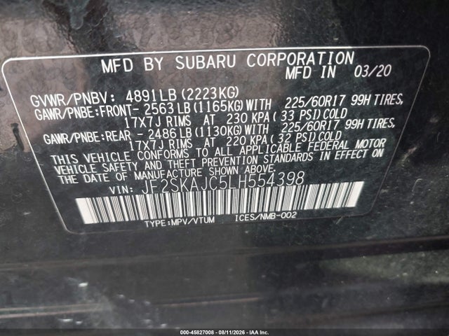45827008 :رقم المزاد ، JF2SKAJC5LH554398 vin ، 2020 Subaru Forester Premium مزاد بيع