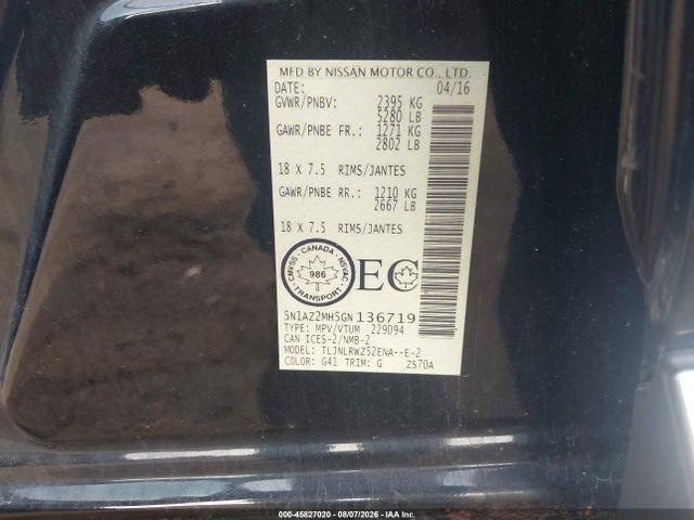 Продажа на аукционе авто 2016 Nissan Murano Platinum/s/sl/sv, vin: 5N1AZ2MH5GN136719, номер лота: 45827020