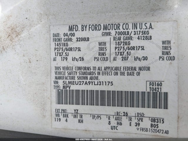2000 Lincoln Navigator მანქანა იყიდება აუქციონზე, vin: 5LMEU27A9YLJ31175, აუქციონის ნომერი: 45827033