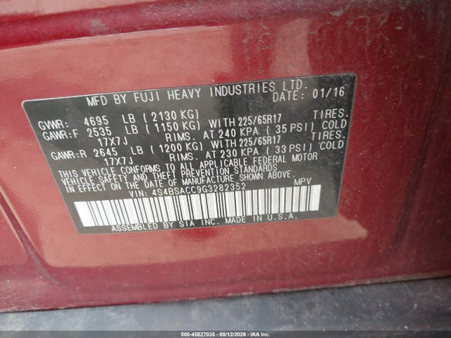 2016 Subaru Outback 2.5i Premium მანქანა იყიდება აუქციონზე, vin: 4S4BSACC9G3282352, აუქციონის ნომერი: 45827035