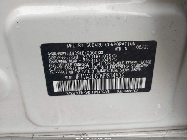Продажа на аукционе авто 2021 Subaru Wrx Sti, vin: JF1VA2E60M9814832, номер лота: 45827036