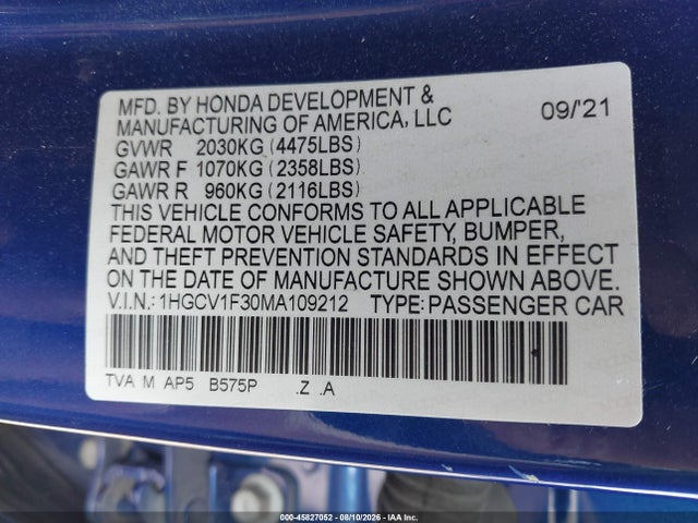 2021 Honda Accord Sport მანქანა იყიდება აუქციონზე, vin: 1HGCV1F30MA109212, აუქციონის ნომერი: 45827052