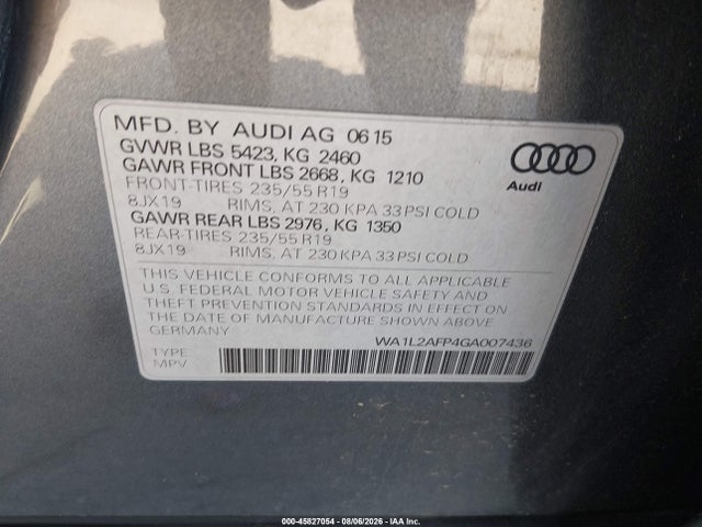 45827054 :رقم المزاد ، WA1L2AFP4GA007436 vin ، 2016 Audi Q5 2.0t Premium مزاد بيع