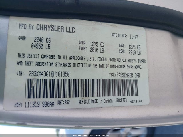 45827059 :رقم المزاد ، 2B3KA43G18H181950 vin ، 2008 Dodge Charger مزاد بيع