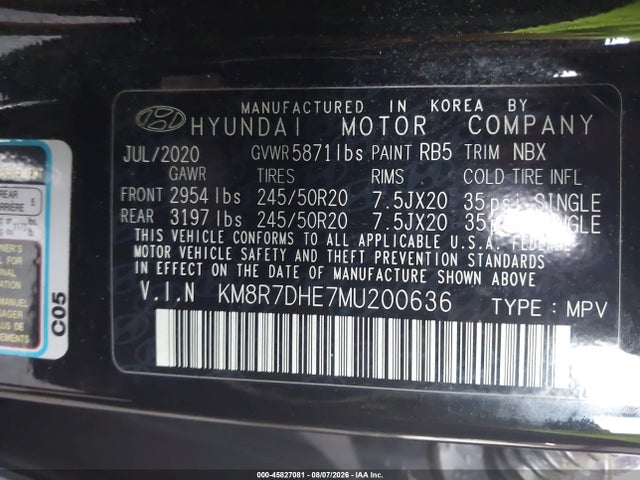 2021 Hyundai Palisade Calligraphy მანქანა იყიდება აუქციონზე, vin: KM8R7DHE7MU200636, აუქციონის ნომერი: 45827081