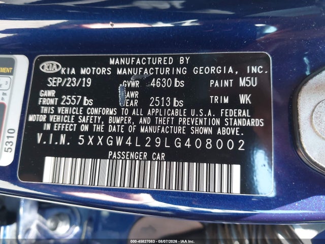 Продаж на аукціоні авто 2020 Kia Optima Sx Turbo, vin: 5XXGW4L29LG408002, номер лоту: 45827083
