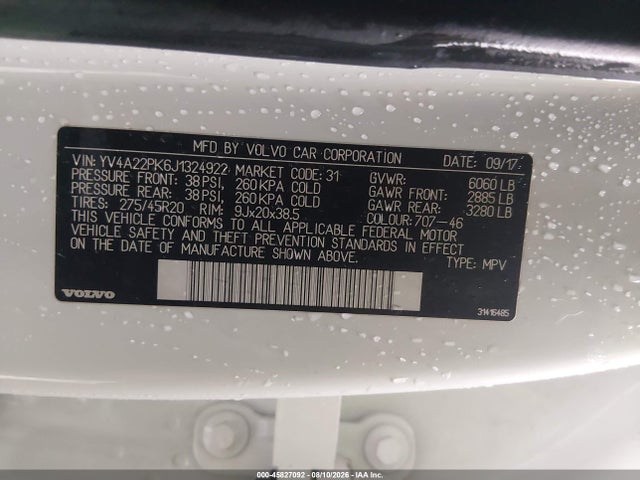 45827092 :رقم المزاد ، YV4A22PK6J1324922 vin ، 2018 Volvo Xc90 T6 Momentum مزاد بيع