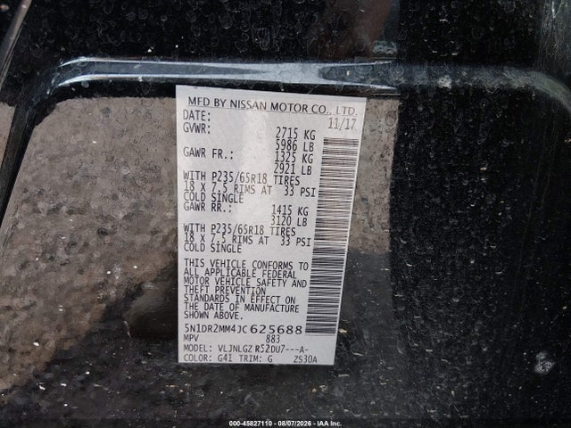 45827110 :رقم المزاد ، 5N1DR2MM4JC625688 vin ، 2018 Nissan Pathfinder Sl مزاد بيع