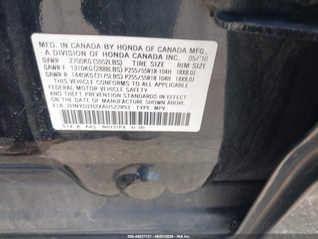 Aukcja sprzedaży 2010 Acura Mdx, vin: 2HNYD2H2XAH522893, numer aukcji: 45827121
