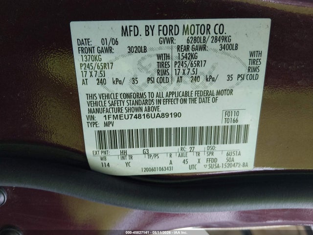 Продажа на аукционе авто 2006 Ford Explorer Eddie Bauer, vin: 1FMEU74816UA89190, номер лота: 45827141
