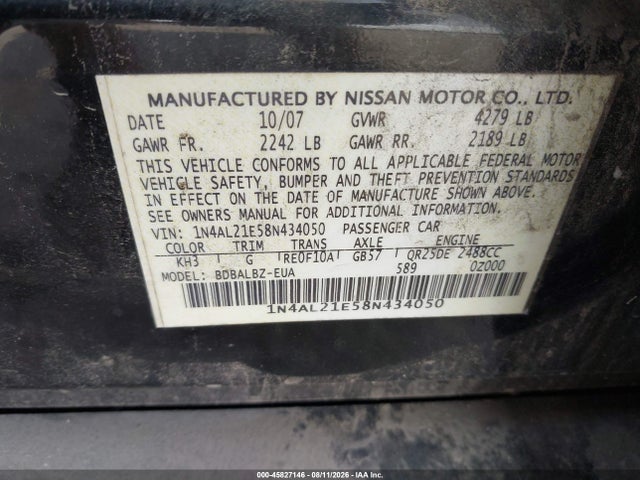 Aukcja sprzedaży 2008 Nissan Altima 2.5 S, vin: 1N4AL21E58N434050, numer aukcji: 45827146
