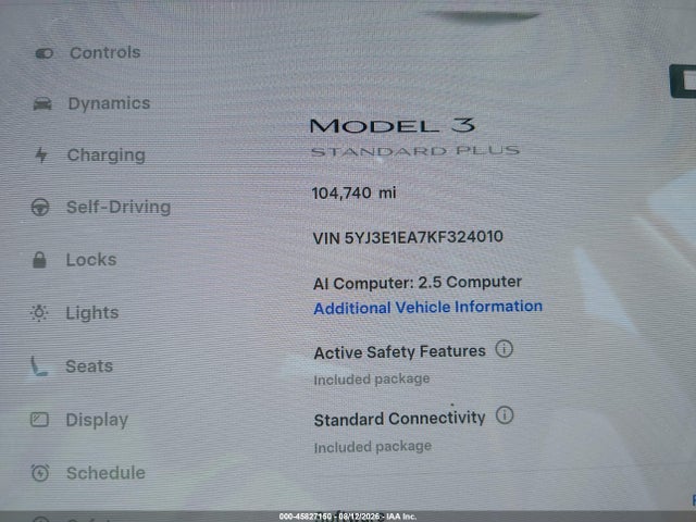 Aukcja sprzedaży 2019 Tesla Model 3 Long Range/mid Range/standard Range/standard Range Plus, vin: 5YJ3E1EA7KF324010, numer aukcji: 45827150