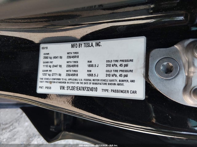 Aukcja sprzedaży 2019 Tesla Model 3 Long Range/mid Range/standard Range/standard Range Plus, vin: 5YJ3E1EA7KF324010, numer aukcji: 45827150