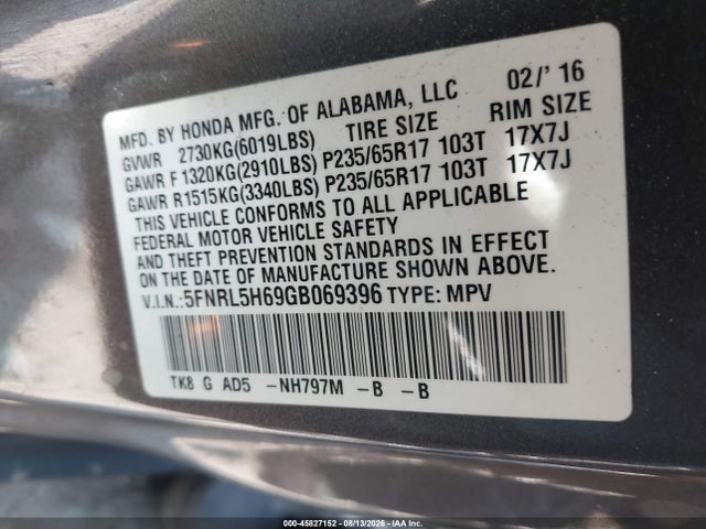 45827152 :رقم المزاد ، 5FNRL5H69GB069396 vin ، 2016 Honda Odyssey Ex-l مزاد بيع