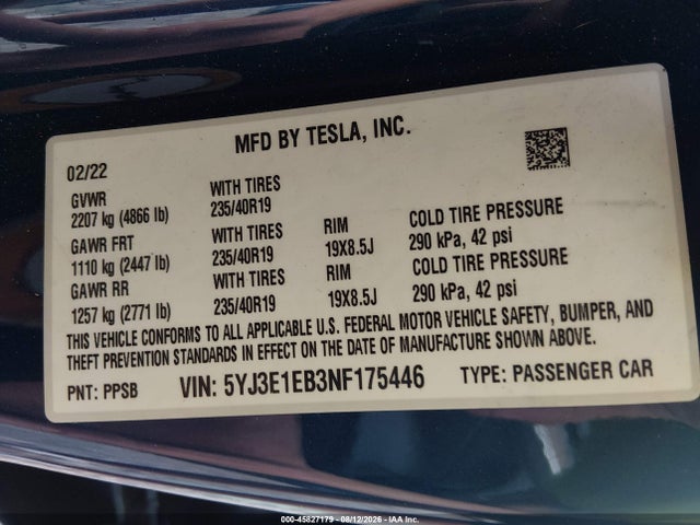 Продаж на аукціоні авто 2022 Tesla Model 3 Long Range Dual Motor All-wheel Drive, vin: 5YJ3E1EB3NF175446, номер лоту: 45827179