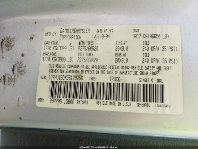 Продажа на аукционе авто 2005 Dodge Ram 1500 Slt/laramie, vin: 1D7HU18DX5S129756, номер лота: 45827209