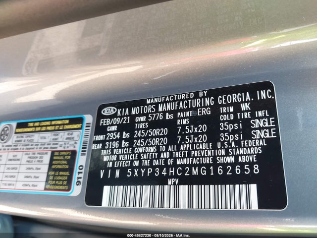 Aukcja sprzedaży 2021 Kia Telluride Ex, vin: 5XYP34HC2MG162658, numer aukcji: 45827230