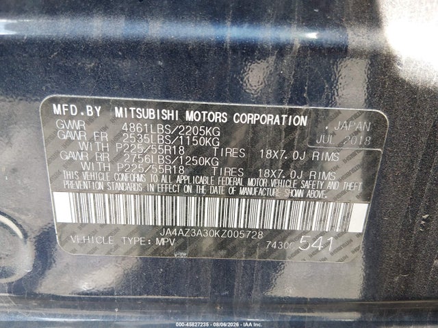 Продажа на аукционе авто 2019 Mitsubishi Outlander Es, vin: JA4AZ3A30KZ005728, номер лота: 45827235