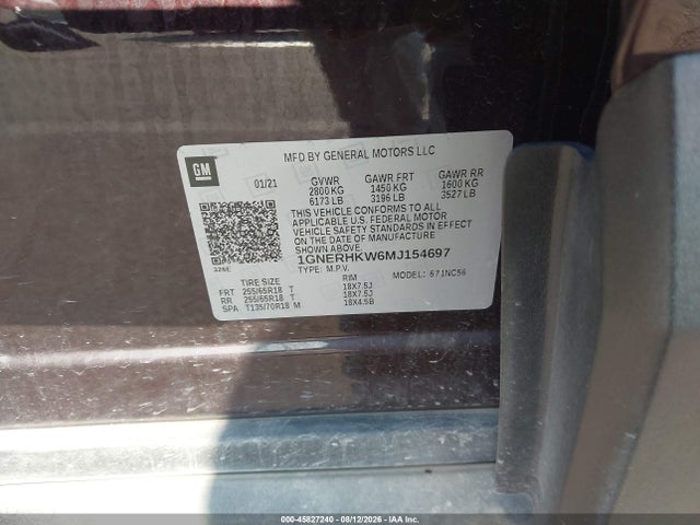 45827240 :رقم المزاد ، 1GNERHKW6MJ154697 vin ، 2021 Chevrolet Traverse Fwd Lt Leather مزاد بيع