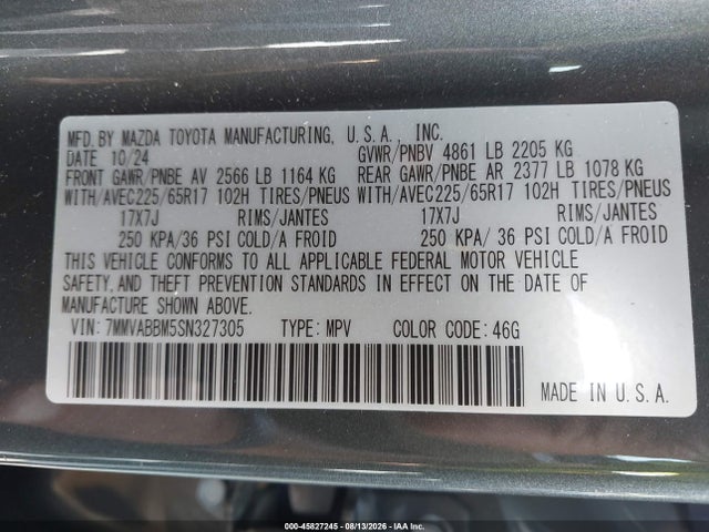 45827245 :رقم المزاد ، 7MMVABBM5SN327305 vin ، 2025 Mazda Cx-50 2.5 S Preferred Package مزاد بيع