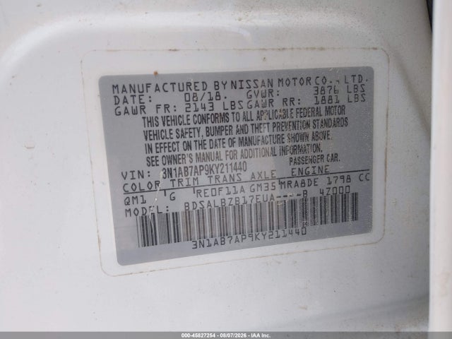 2019 Nissan Sentra S მანქანა იყიდება აუქციონზე, vin: 3N1AB7AP9KY211440, აუქციონის ნომერი: 45827254