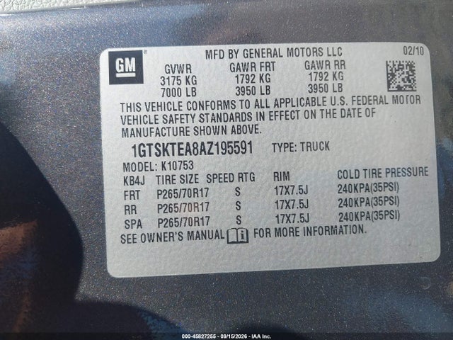 2010 Gmc Sierra 1500 Work Truck მანქანა იყიდება აუქციონზე, vin: 1GTSKTEA8AZ195591, აუქციონის ნომერი: 45827255