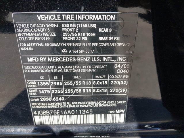 Продажа на аукционе авто 2006 Mercedes-benz Ml 500 4matic, vin: 4JGBB75E16A011345, номер лота: 45827294