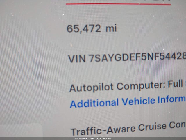 45827297 :رقم المزاد ، 7SAYGDEF5NF544282 vin ، 2022 Tesla Model Y Performance Dual Motor All-wheel Drive مزاد بيع