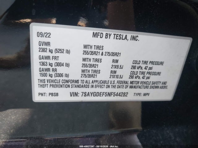 45827297 :رقم المزاد ، 7SAYGDEF5NF544282 vin ، 2022 Tesla Model Y Performance Dual Motor All-wheel Drive مزاد بيع