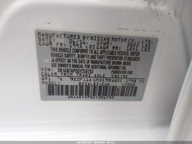 45827298 :رقم المزاد ، 3N1AB7AP0GY306752 vin ، 2016 Nissan Sentra S مزاد بيع