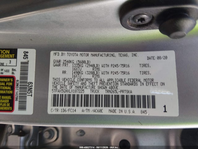 45827314 :رقم المزاد ، 5TFAX5GNXLX187225 vin ، 2020 Toyota Tacoma Sr5 مزاد بيع