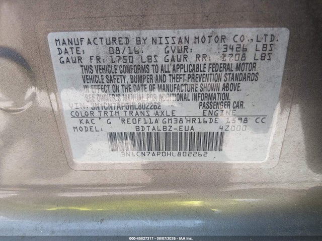 Aukcja sprzedaży 2017 Nissan Versa 1.6 S/1.6 S+/1.6 Sl/1.6 Sv, vin: 3N1CN7AP0HL802262, numer aukcji: 45827317