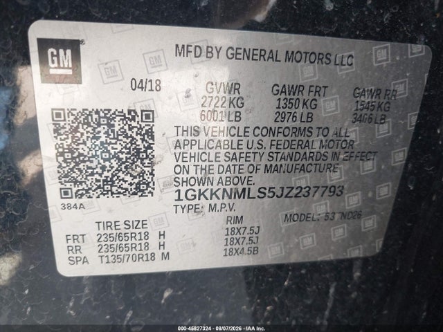 Aukcja sprzedaży 2018 Gmc Acadia Slt-1, vin: 1GKKNMLS5JZ237793, numer aukcji: 45827324