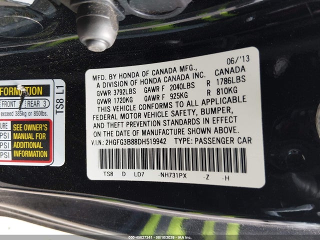 45827341 :رقم المزاد ، 2HGFG3B88DH519942 vin ، 2013 Honda Civic Ex مزاد بيع
