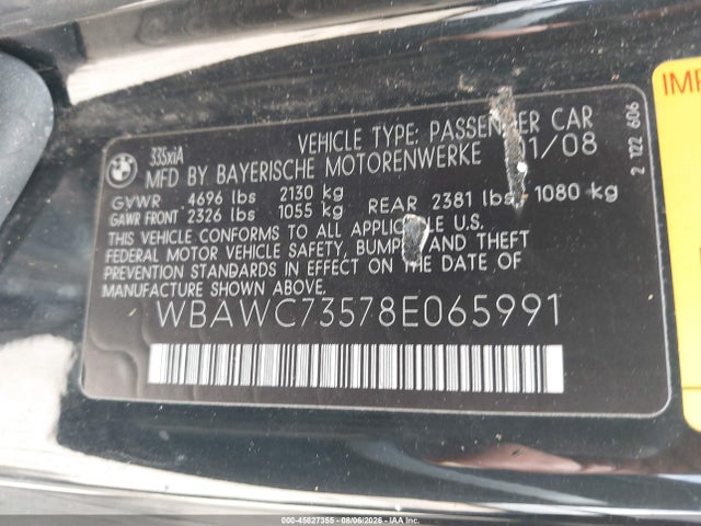 2008 Bmw 335xi მანქანა იყიდება აუქციონზე, vin: WBAWC73578E065991, აუქციონის ნომერი: 45827355
