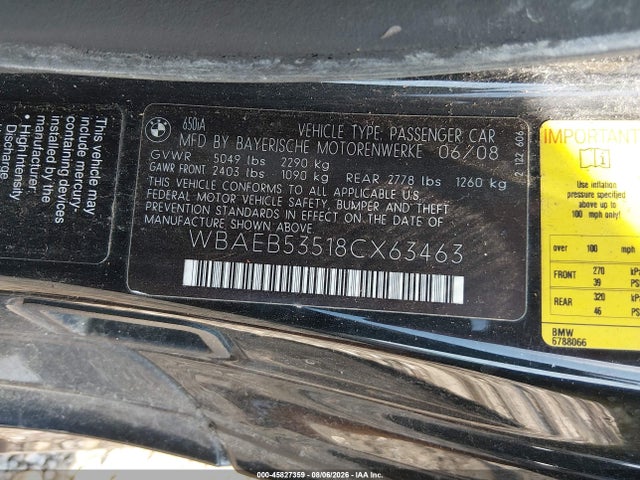 Aukcja sprzedaży 2008 Bmw 650i, vin: WBAEB53518CX63463, numer aukcji: 45827359
