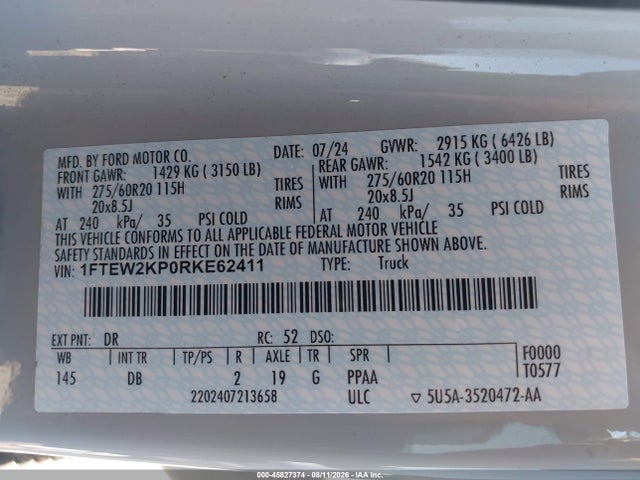 Продажа на аукционе авто 2024 Ford F-150 Stx, vin: 1FTEW2KP0RKE62411, номер лота: 45827374