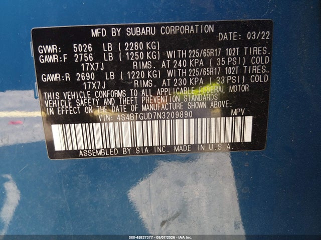 Продажа на аукционе авто 2022 Subaru Outback Wilderness, vin: 4S4BTGUD7N3209890, номер лота: 45827377