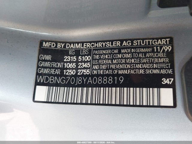 Продаж на аукціоні авто 2000 Mercedes-benz S 430, vin: WDBNG70J8YA088819, номер лоту: 45827389