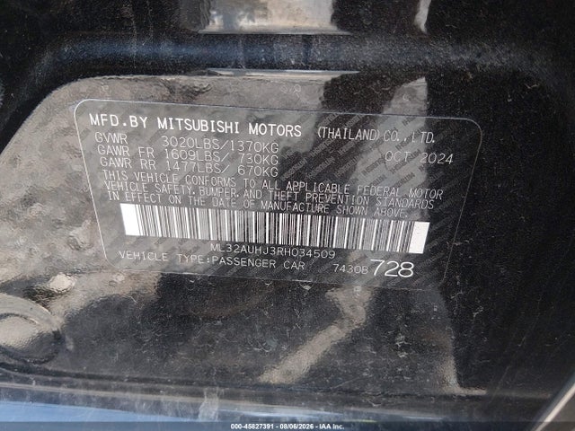 Aukcja sprzedaży 2024 Mitsubishi Mirage Es/le, vin: ML32AUHJ3RH034509, numer aukcji: 45827391
