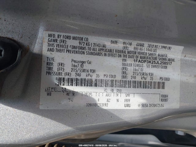 Aukcja sprzedaży 2018 Ford Focus Se, vin: 1FADP3K25JL258517, numer aukcji: 45827410