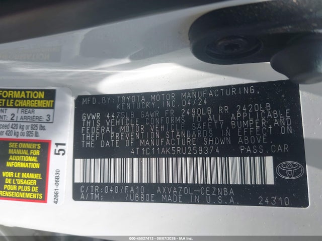 2024 Toyota Camry Le მანქანა იყიდება აუქციონზე, vin: 4T1C11AK5RU259374, აუქციონის ნომერი: 45827413