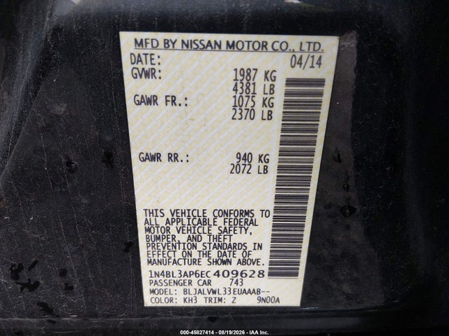 45827414 :رقم المزاد ، 1N4BL3AP6EC409628 vin ، 2014 Nissan Altima 3.5 Sl مزاد بيع