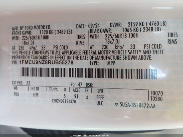 Продажа на аукционе авто 2024 Ford Escape St-line Select, vin: 1FMCU9NZ8RUB55278, номер лота: 45827420