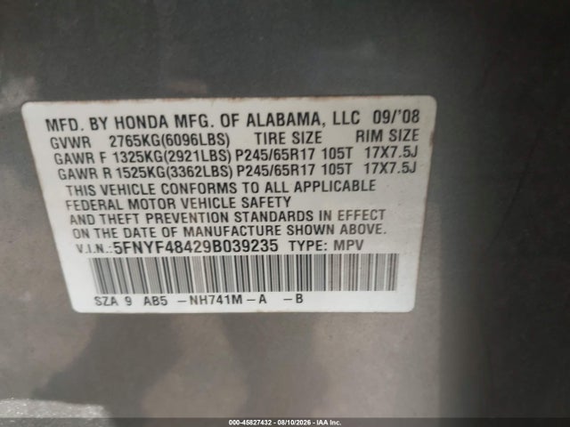 Продаж на аукціоні авто 2009 Honda Pilot Ex, vin: 5FNYF48429B039235, номер лоту: 45827432