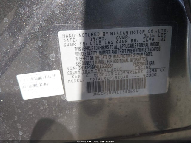 45827434 :رقم المزاد ، 3N1CP5BV4LL550651 vin ، 2020 Nissan Kicks S Xtronic Cvt مزاد بيع