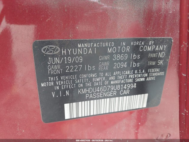 Aukcja sprzedaży 2009 Hyundai Elantra Gls, vin: KMHDU46D79U814994, numer aukcji: 45827438
