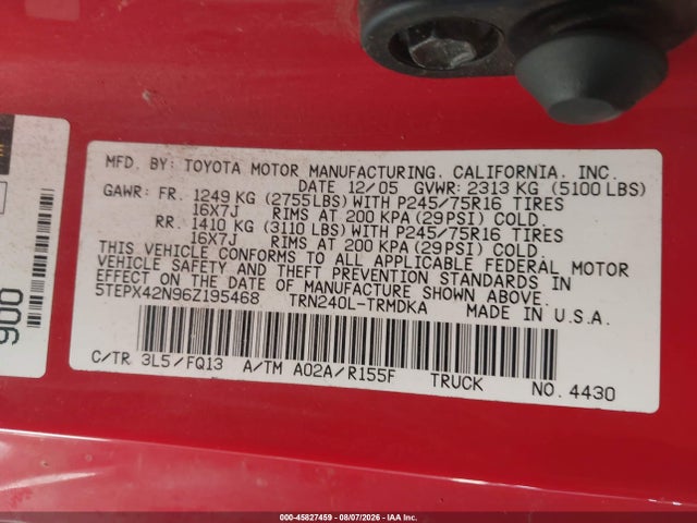 45827459 :رقم المزاد ، 5TEPX42N96Z195468 vin ، 2006 Toyota Tacoma مزاد بيع
